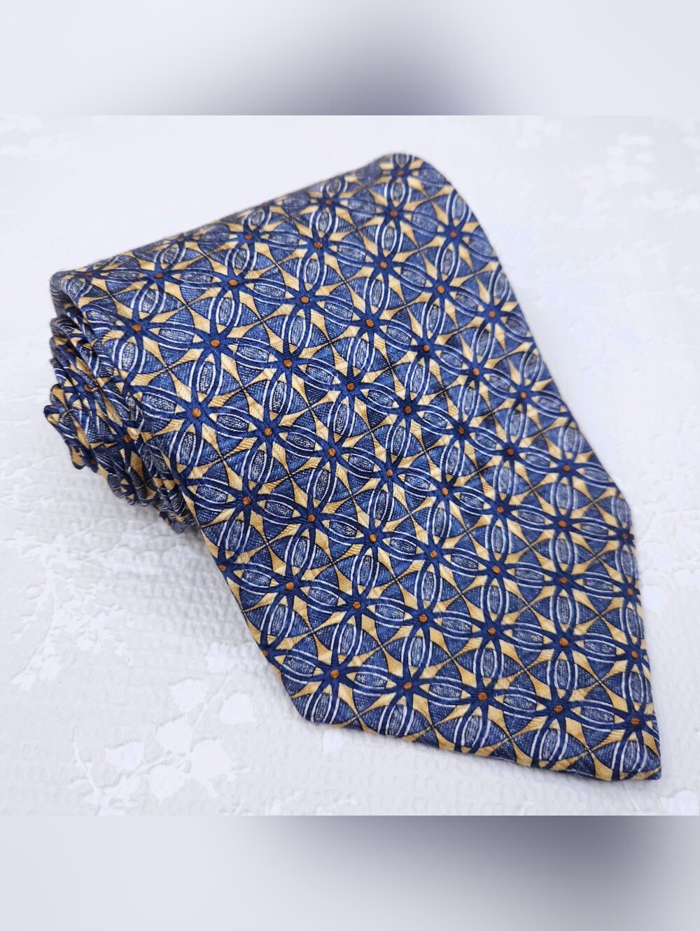 NORDSTOM XMI Silk Tie Blue Gold Geometric Diamond Hand Sewn 57" x 4"